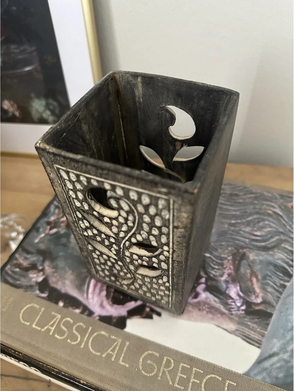 Pier 1 Candle Holder Gray Square Leaf Carved Soapstone 5.75